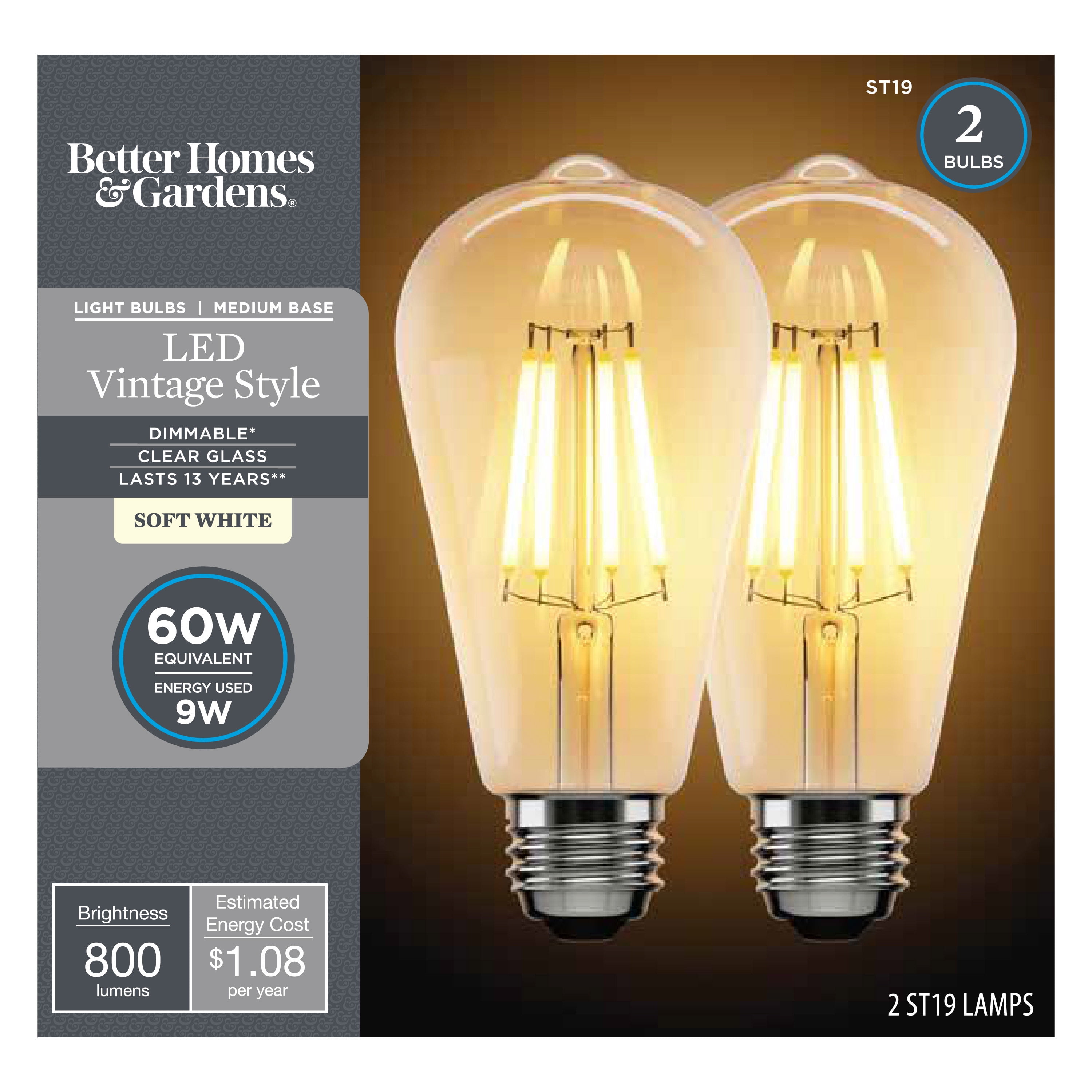 Better Homes & Gardens ST19 Vintage LED Light Bulb, 60 Watts Equivalent, Dim, E26, Soft White - 4 Pk