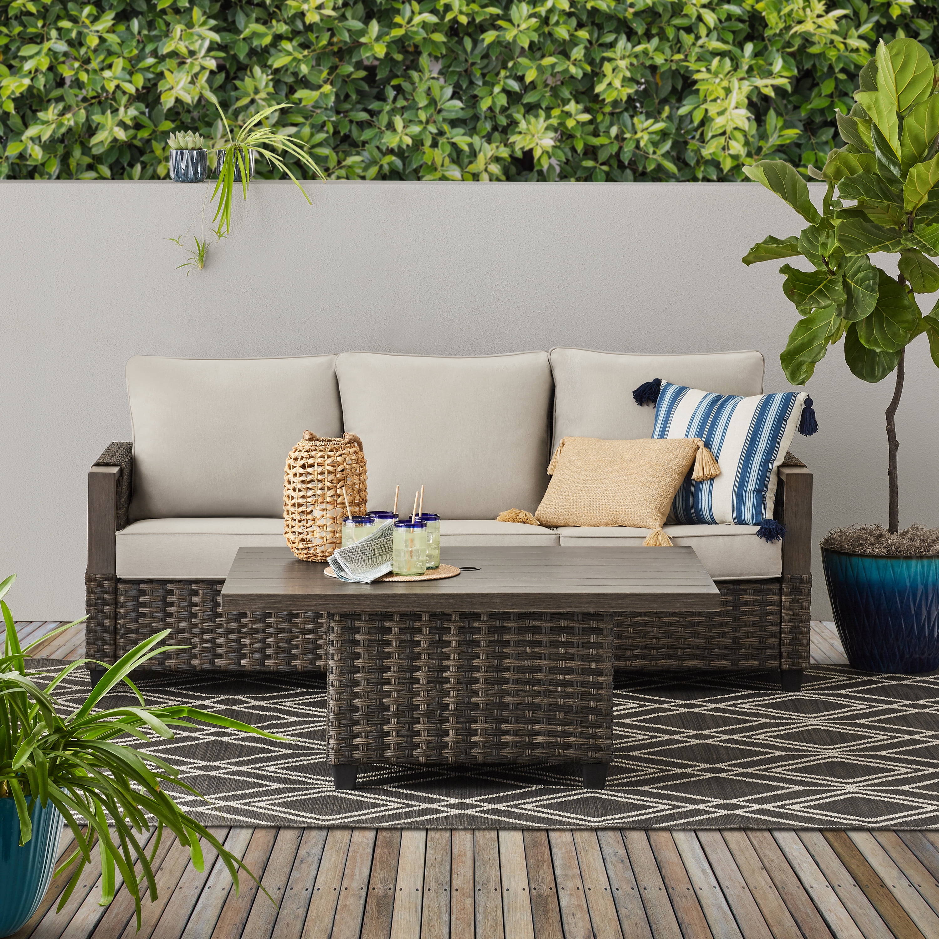 Better Homes Gardens Sandcrest Seagrass Outdoor Wicker Sofa and Adjustable Height Table Set Brown