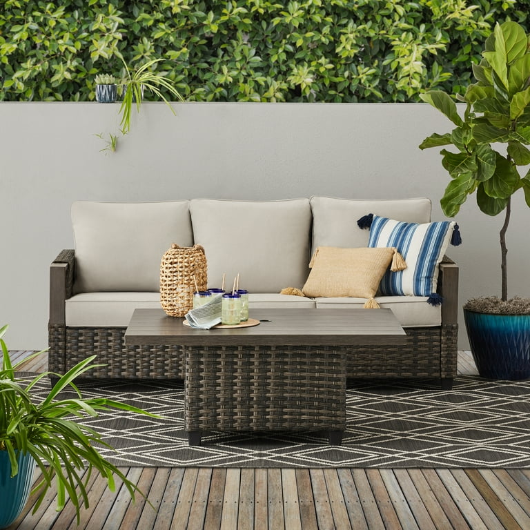 Better Homes Gardens Sandcrest Seagrass Outdoor Wicker Sofa and Adjustable Height Table Set Brown