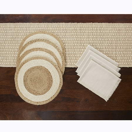 Better Homes & Gardens Set of 4 Jute Placemats, 1 Table Runner and Set of Four White Napkins Bundle