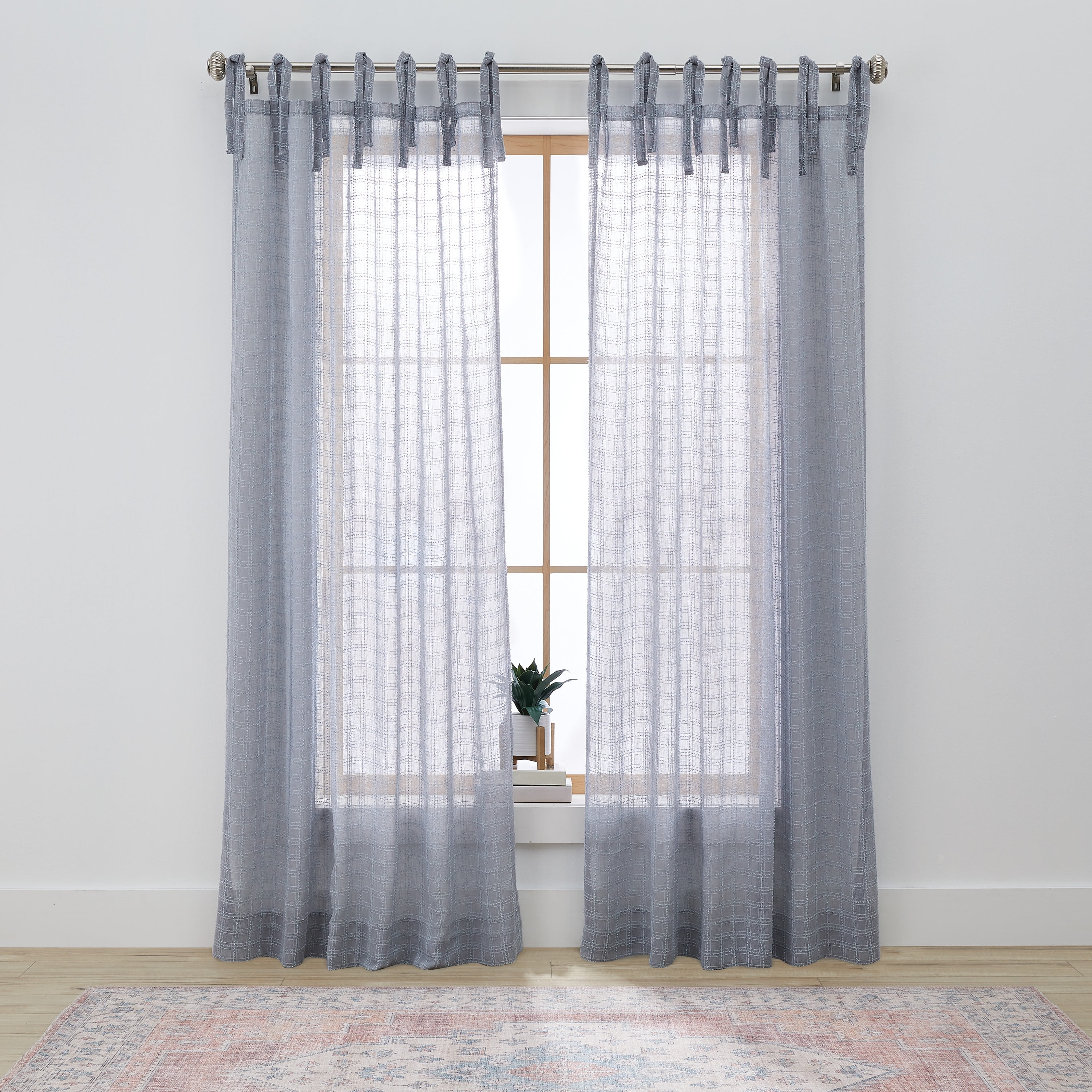 Better Homes & Gardens Sheer Windowpane Stitch Tie Top Single Curtain Panel, Soft Silver, 50" W x 108" L