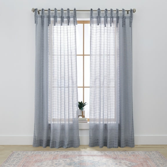 Better Homes & Gardens Sheer Windowpane Stitch Tie Top Single Curtain Panel, Soft Silver, 50" W x 84" L
