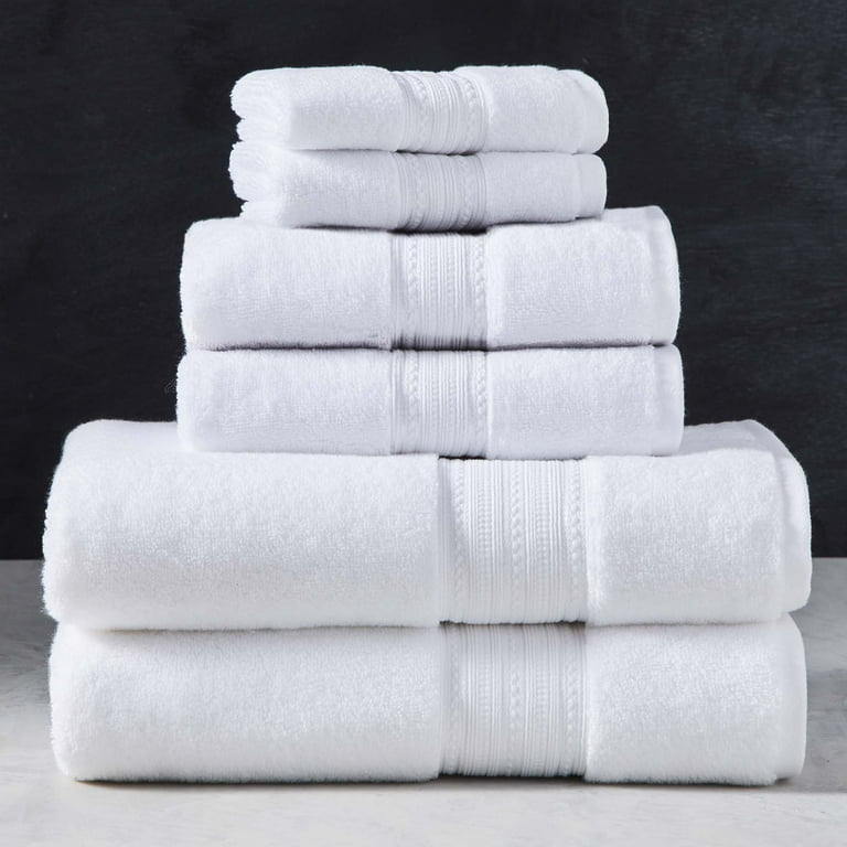 Set of 6 bath towels: white and taupe: 30X50 courtesy towels