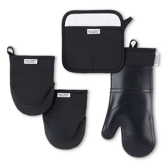 Better Homes & Gardens 4-Piece Oven Mitt, Potholder & Mini Mitt Set, Black
