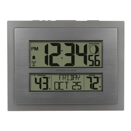 BETTER HOMES & GARDENS SILVER ATOMIC WALL/TABLE CLOCK WITH MOON PHASE & CALENDAR