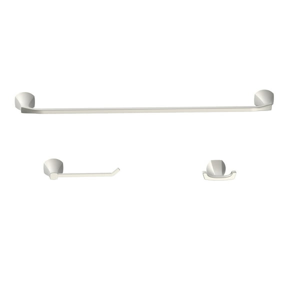 Better Homes & Gardens Simple Flare 3 Pieces Bath Hardware Set in Satin Nickel Towel Bar, Toilet Paper Holder, Robe Hook Included, Wall Mounted