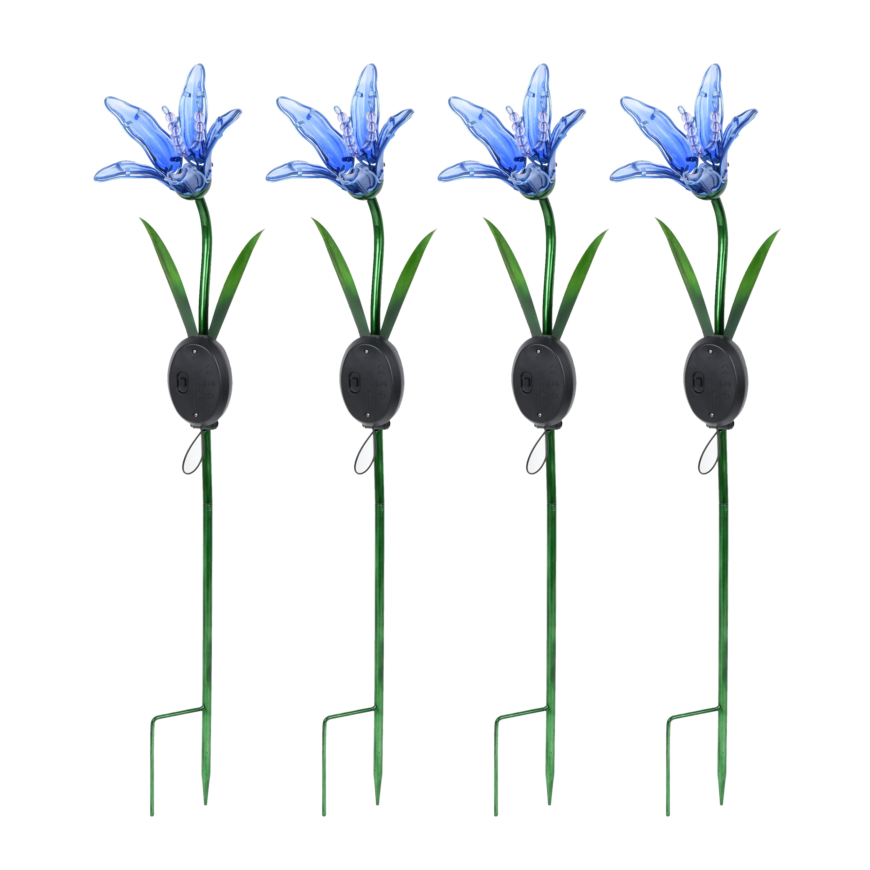 Better Homes \u0026 Gardens Solar Powered LED Blue Glass \u0026 Metal Flower Stake Light Outdoor Dcor, Set of 4