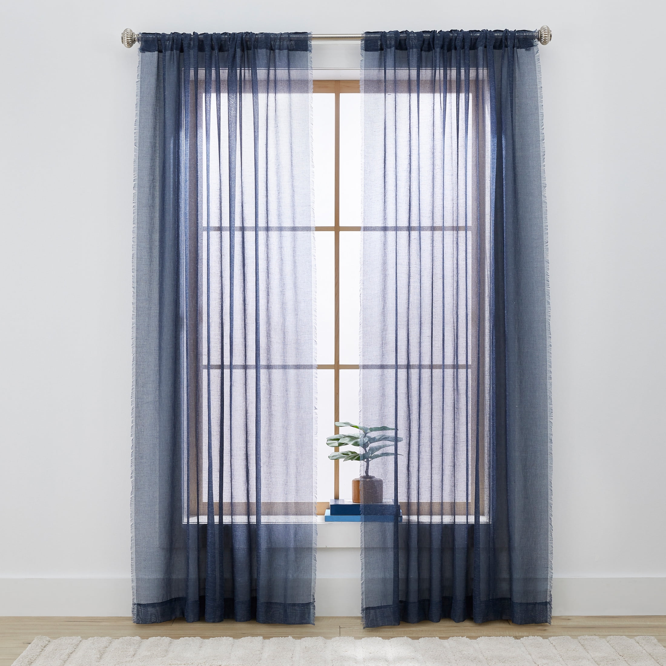 Better Homes & Gardens Solid Fringe Rod Pocket Sheer Curtain Panel, Single Panel, Washed Indigo, 50 in W x 95 in L