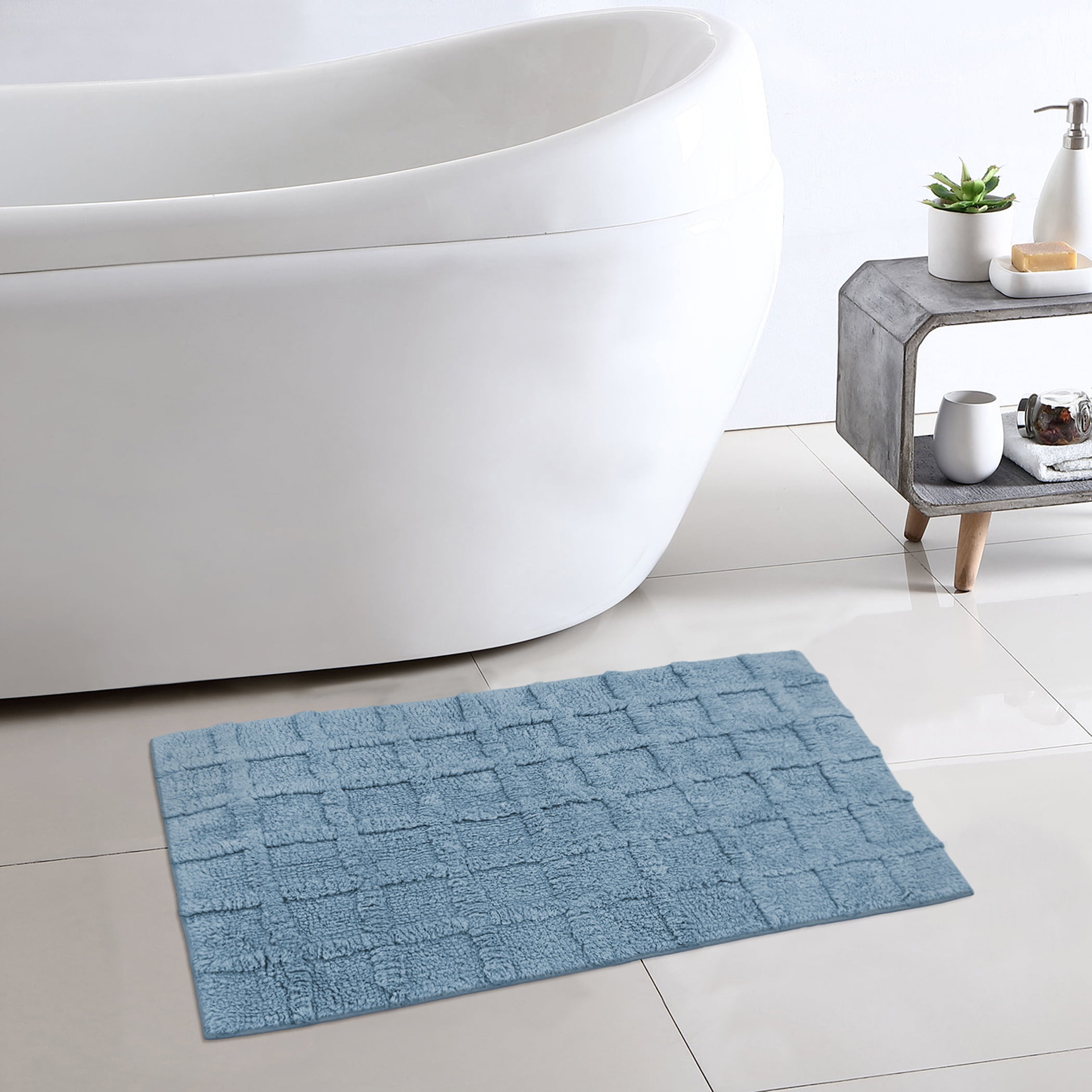 Better Homes & Gardens Spa Grid Bath Rug Set, 2 Piece, Blue Silver, 17" x 24" & 20" x 30"