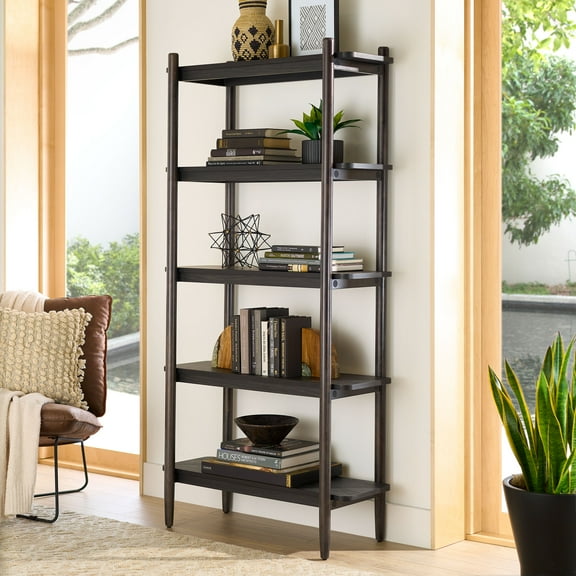 Better Homes & Gardens Springwood 5-Shelf Bookcase with Solid Wood Frame, Charcoal Finish