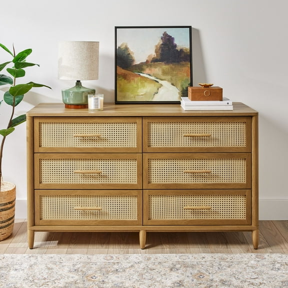 Better Homes & Gardens Springwood Caning 6-Drawer Dresser, Light Honey Finish