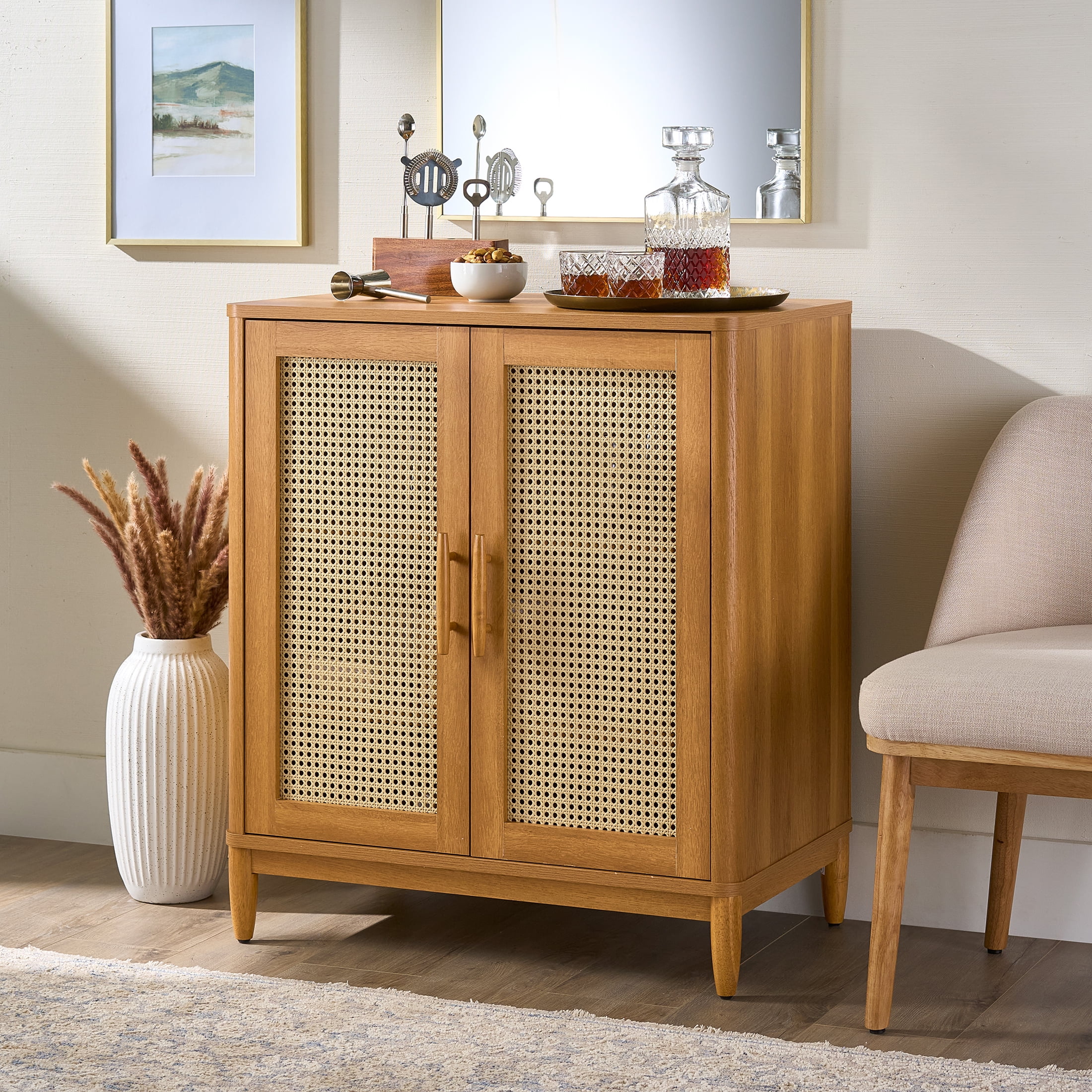 Better Homes & Gardens Springwood Caning Bar Cabinet, Light Honey