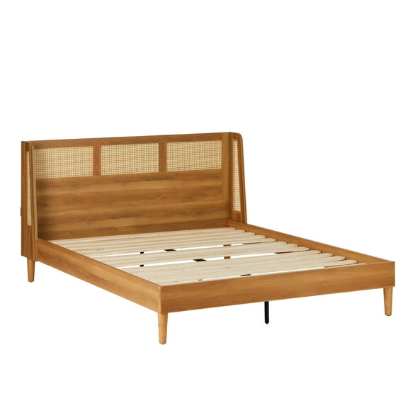 Better Homes & Gardens Springwood Caning Queen Platform Bed With Headboard, Light Honey Finish