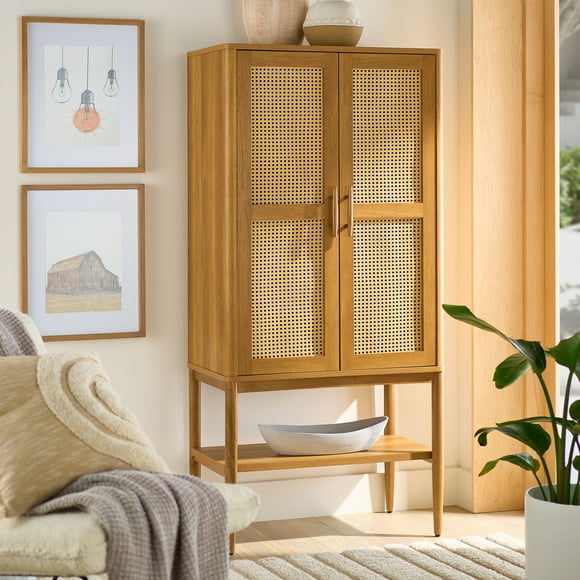 Better Homes & Gardens Springwood Caning Storage Accent Cabinet, Light Honey Finish