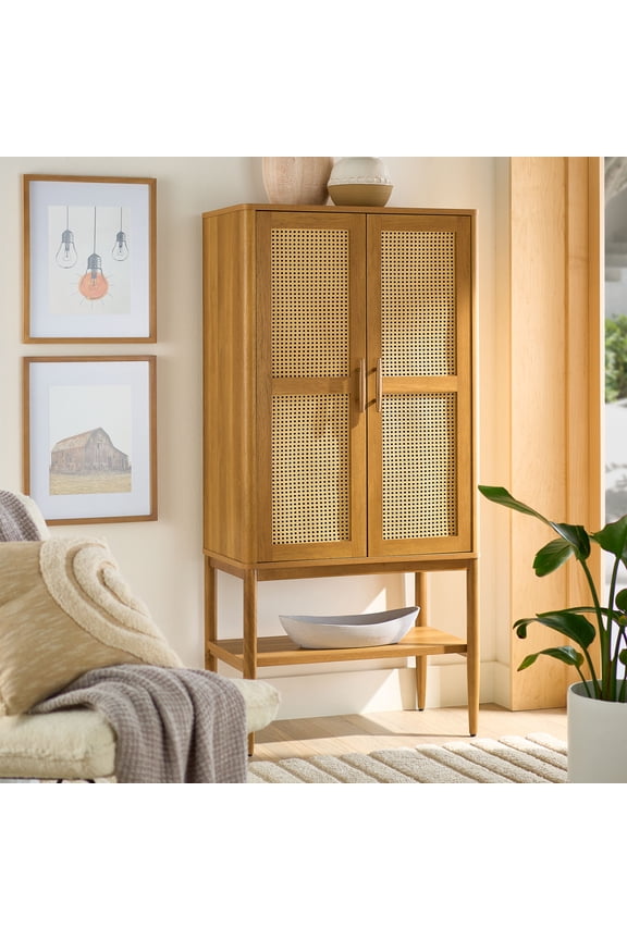 Springwood Caning Storage Accent Cabinet, Light Honey Finish