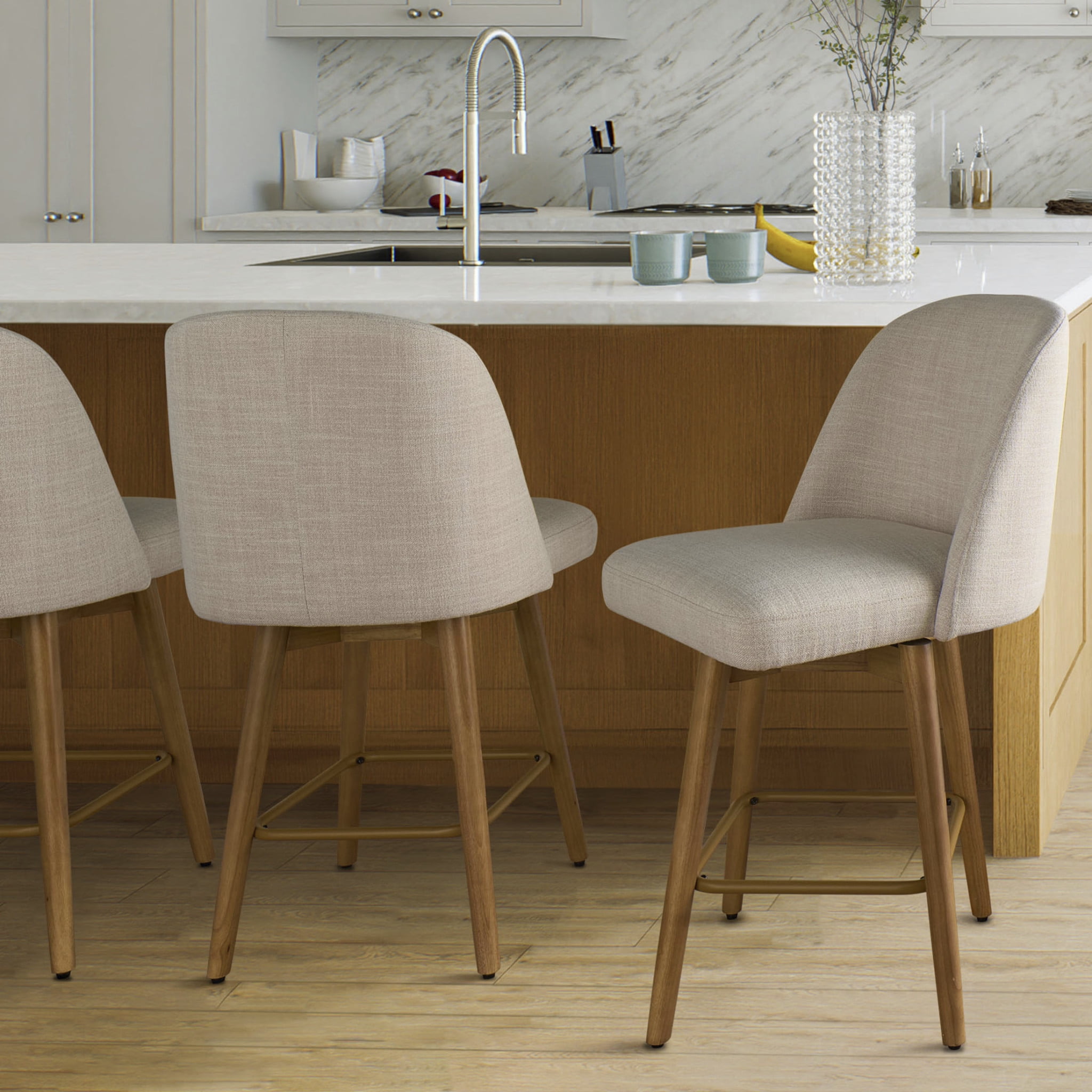 Better Homes Gardens Modern Swivel Barstool Set 2 Pack Linen Fabric Light Honey Wood Legs Easy to Clean Indoor 360 Degree Swivel Rotation
