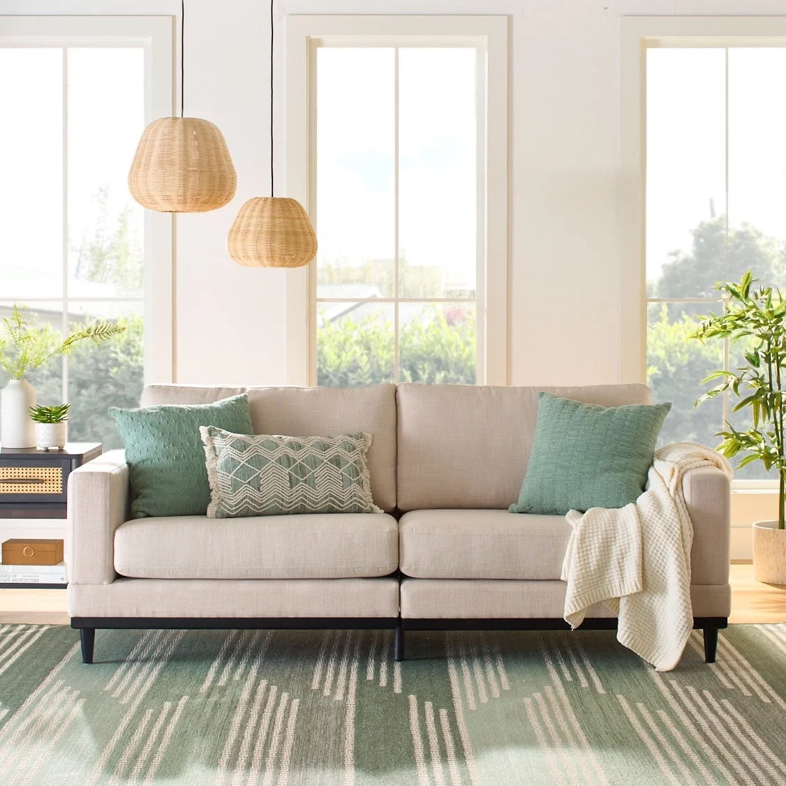 Better Homes & Gardens Springwood Wood Frame 83.46" Couch, Cream Linen, Black Woodbase Finish