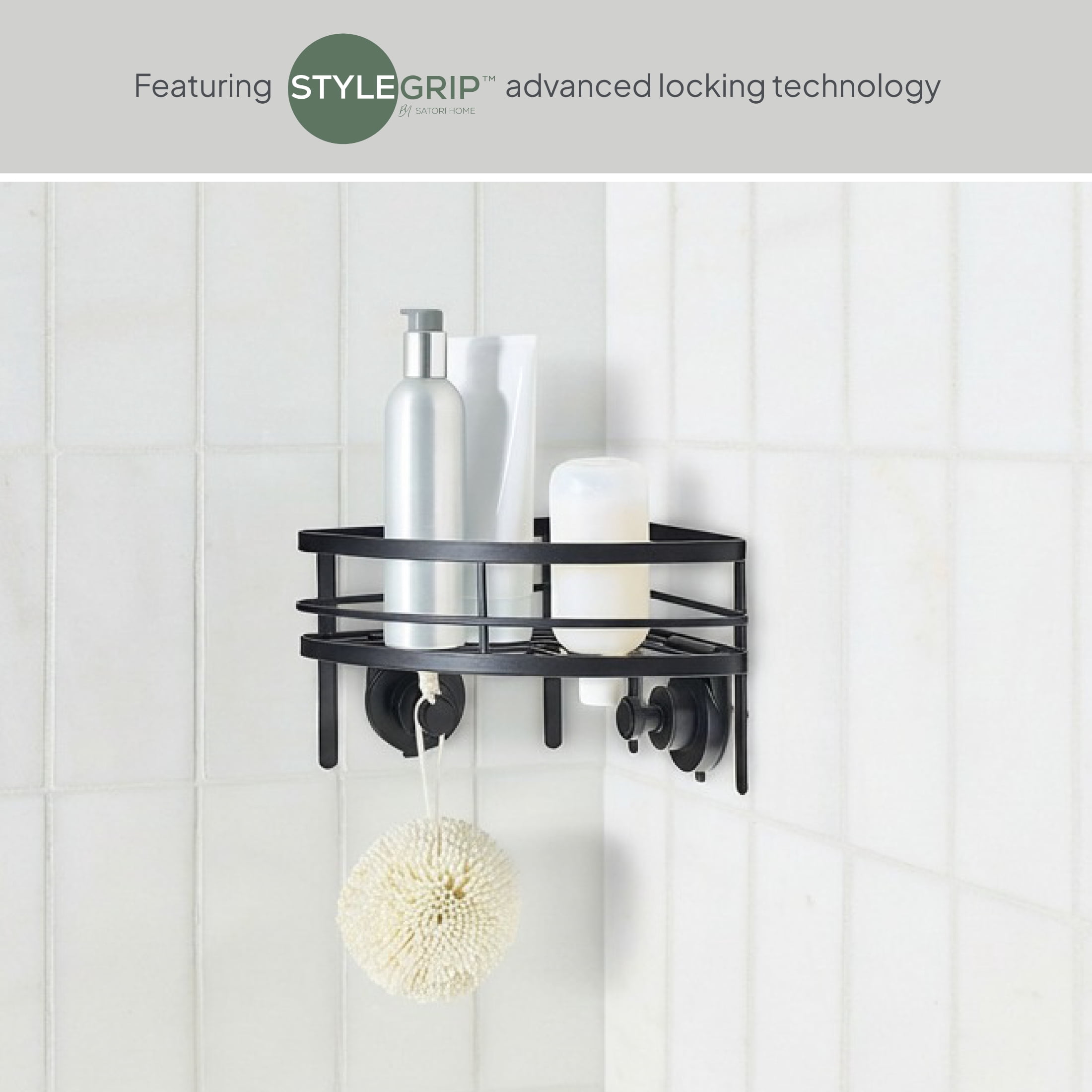 Better Homes & Gardens StyleGrip™ Corner Suction Mount Shower Caddy with Hooks, Matte Black
