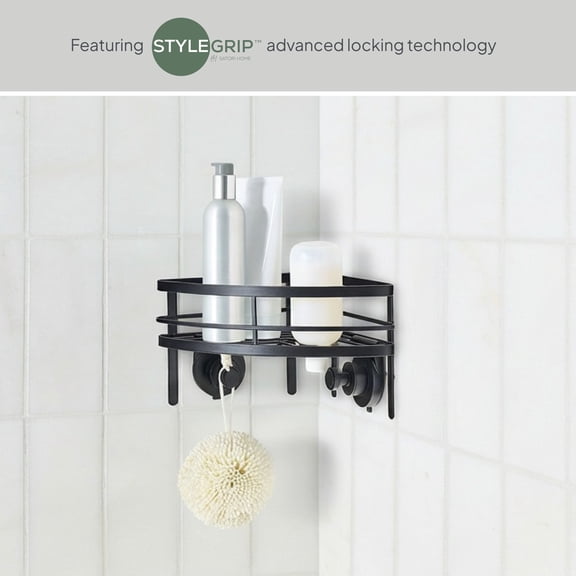Better Homes & Gardens StyleGrip™ Corner Suction Mount Shower Caddy w/Hooks, Matte Black