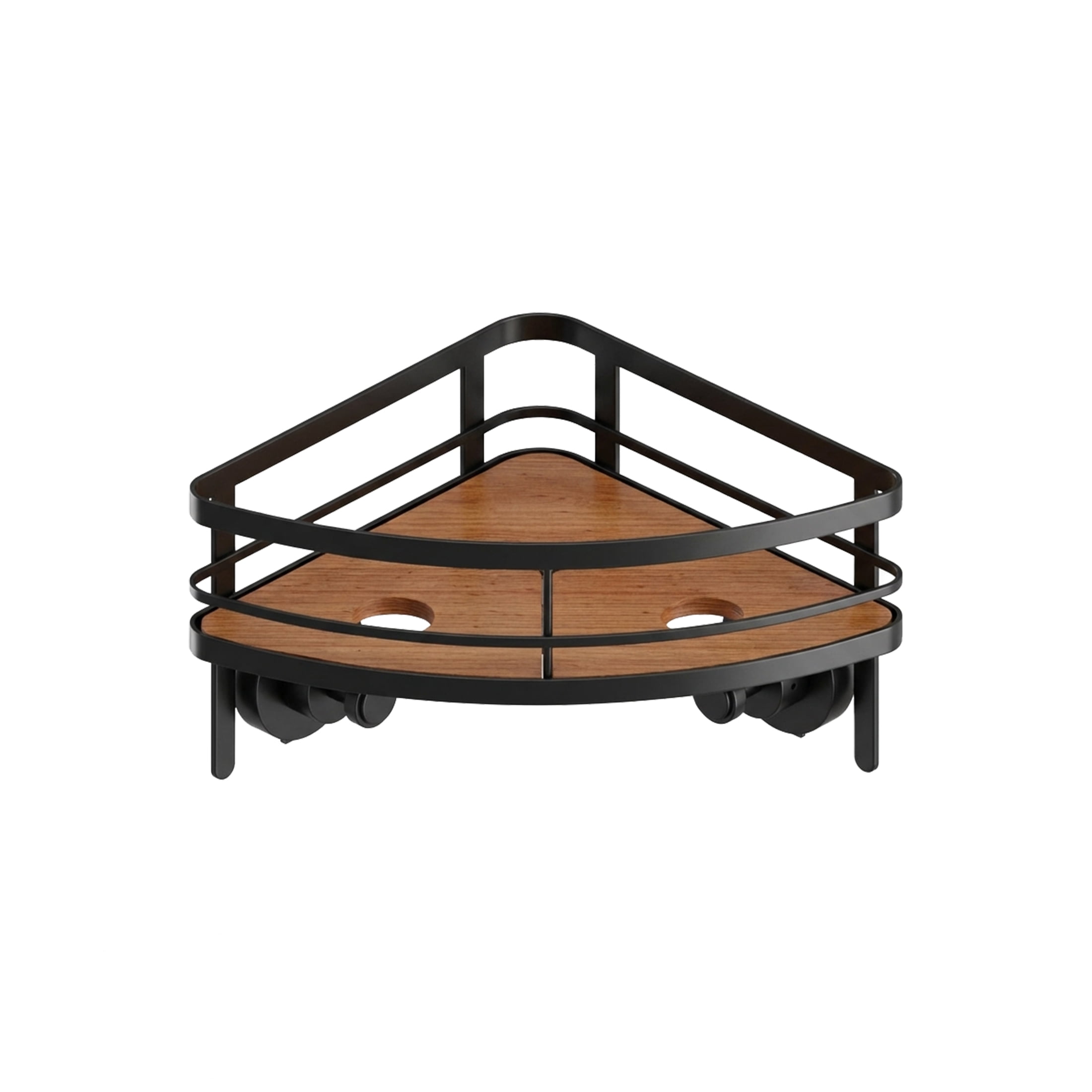 Better Homes & Gardens StyleGrip™ Corner Suction Mount Shower Caddy with Carbonized Acacia Wood Tray, Matte Black