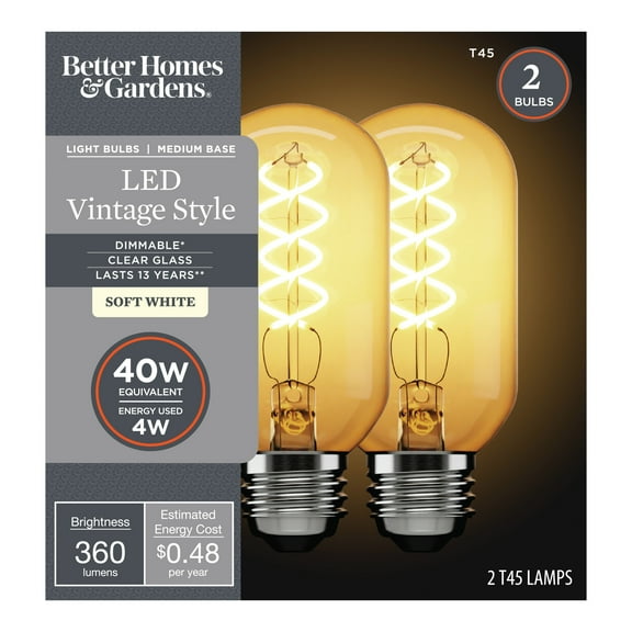 Better Homes & Gardens T45 LED Vintage Light Bulb 40 Watts, Soft White Spiral Filament E26 Dimmable 2 Pack