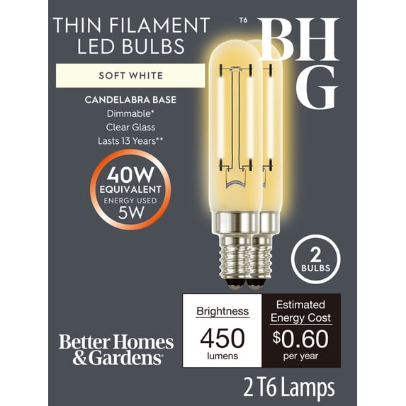 Better Homes & Gardens LED Vintage T6 Light Bulb 5W E26 Soft White 40W ...