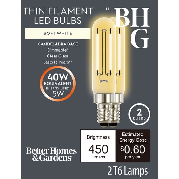 Better Homes & Gardens T6 LED Vintage Light Bulb, 5 Watts (40W Equivalent), Soft White, Thin Filament, E26, 2PK