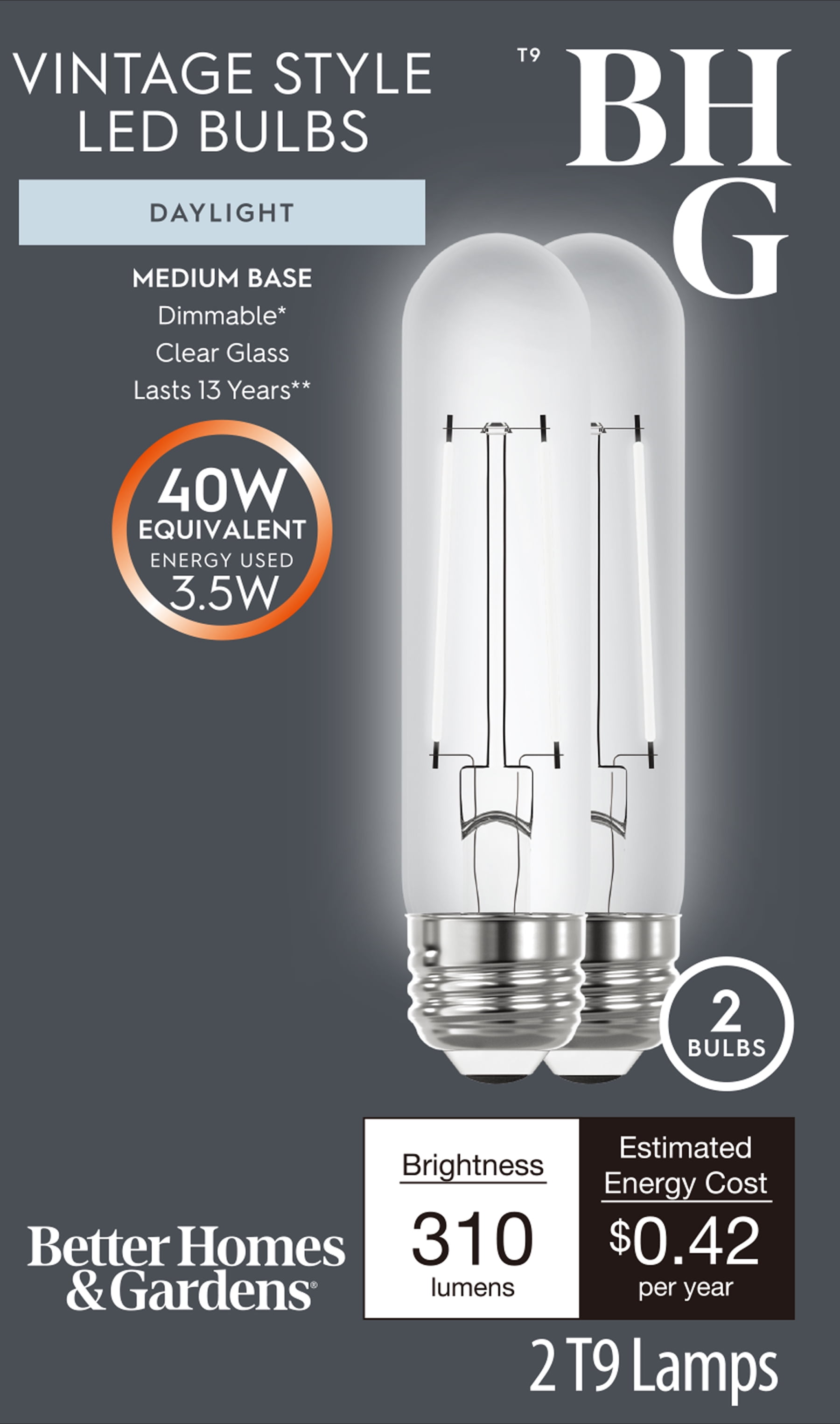 Better Homes & Gardens T9 LED Tubular Light Bulb, 3.5-Watt (40W Equivalent) Daylight E26 Medium Base 2 Pack