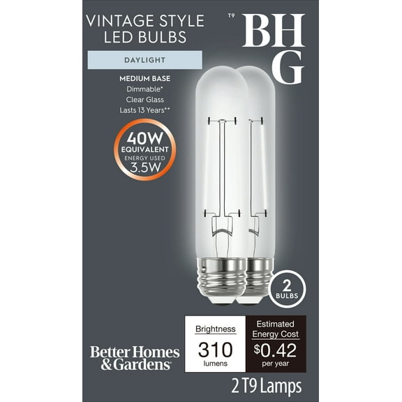 Better Homes & Gardens T9 LED Tubular Light Bulb, 3.5-Watt (40W Equivalent) Daylight E26 Medium Base 2 Pack