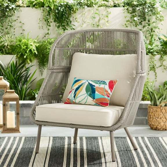 Better Homes & Gardens Tarren Beige Wicker Outdoor High-Back Accent Chair with Cushions