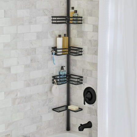 Better Homes & Gardens Matte Black Rust-Resistant Tension Pole Shower Caddy with 3 Adjustable Baskets