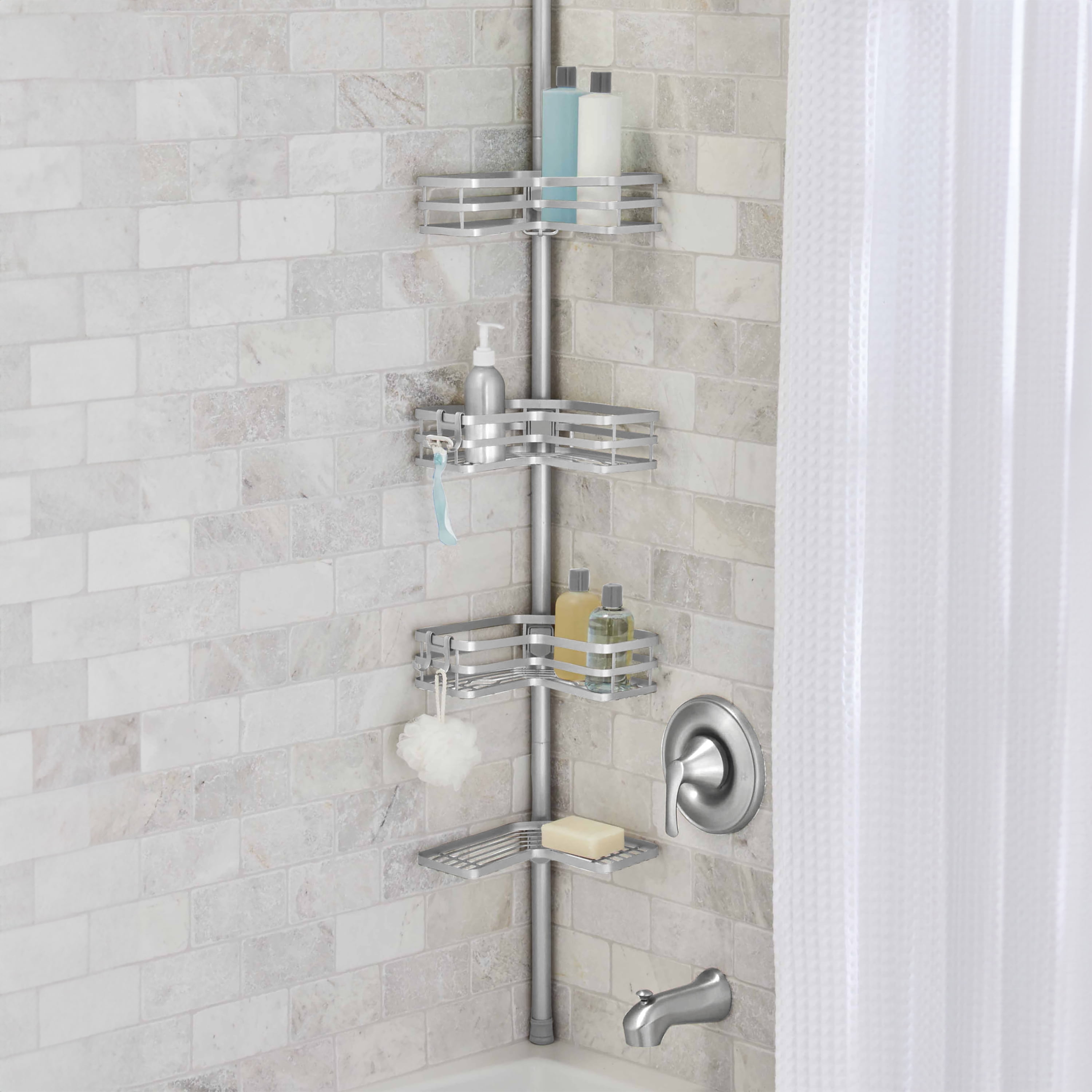 Better Homes Gardens Tension Pole Shower Caddy Resists Rust 3 Tier Caddy 5 9 ft Satin Nickel Walmart Business Supplies