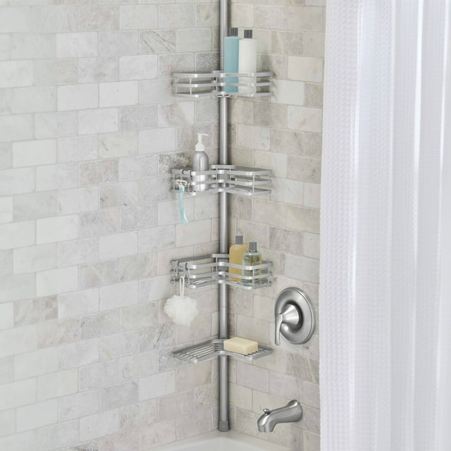 Better Homes & Gardens Tension Pole Shower Caddy, Resists Rust, 3 Tier Caddy, 5 - 9 ft, Satin Nickel