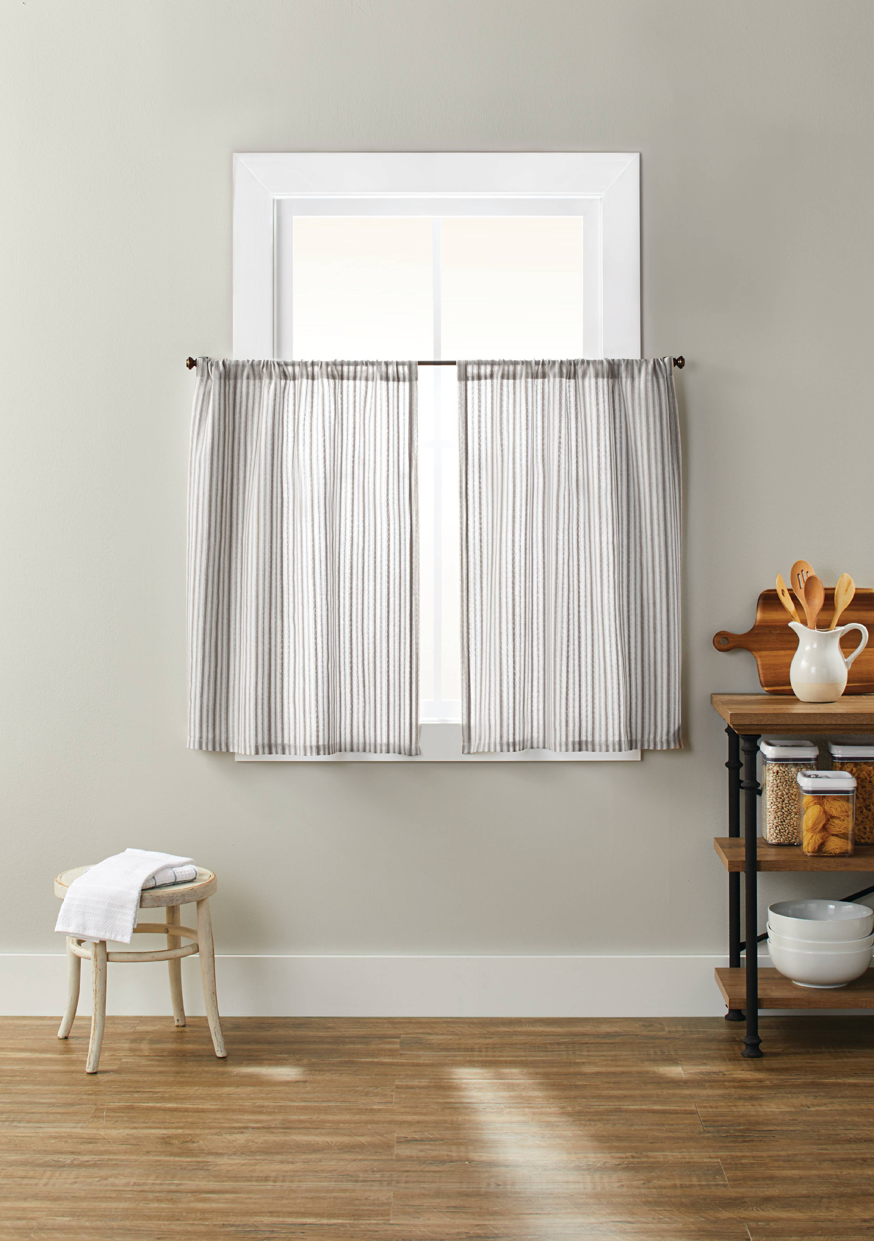 Better Homes & Gardens Ticking Stripe Light Filtering Rod Pocket Kitchen Curtain Tier and Valance Set, 3 Piece, Gray, 56 x 36