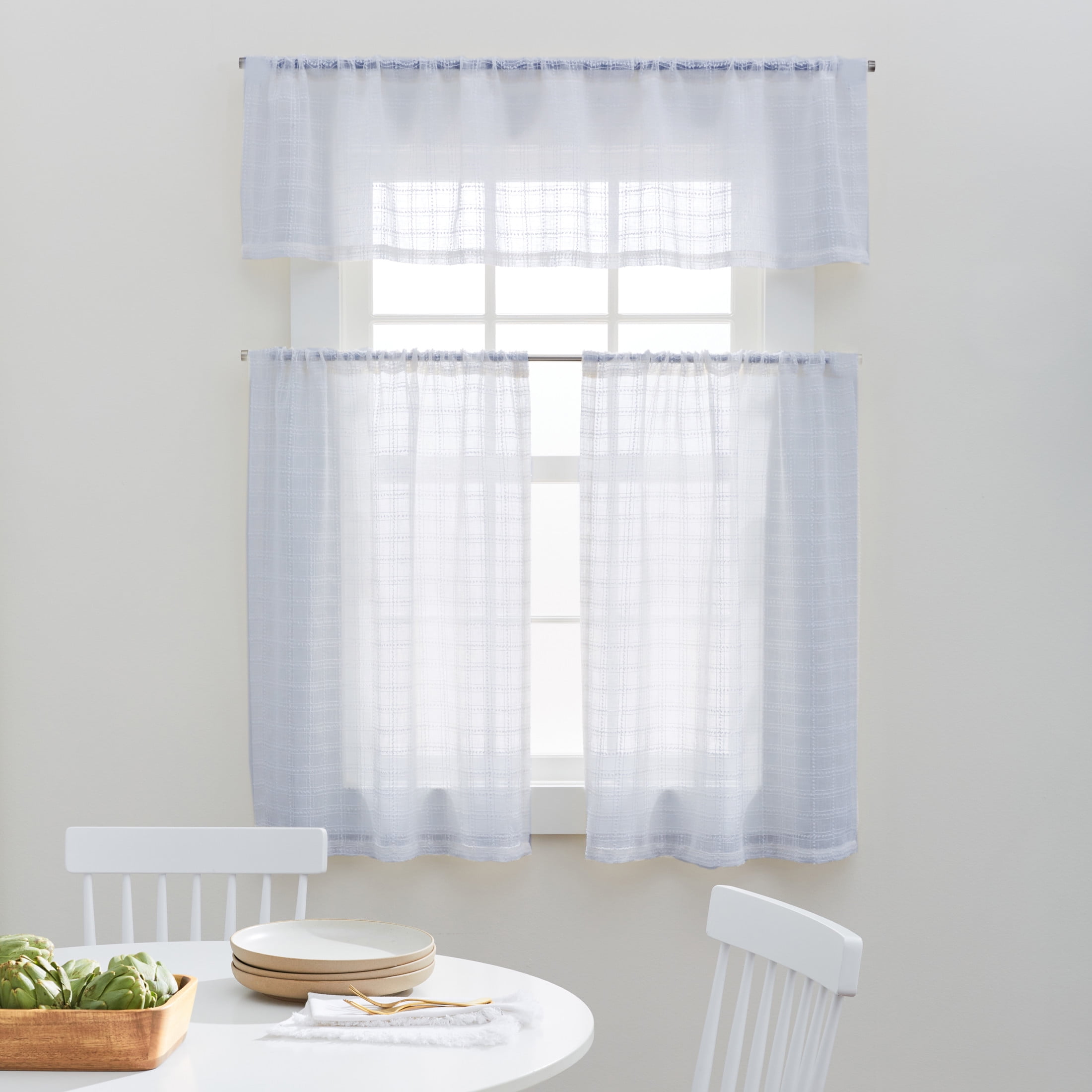 Better Homes & Gardens Tonal Windowpane Valance & Tier Set, 3 Piece Indoor Curtain, Soft Silver, 60"W x 36"L, Adult
