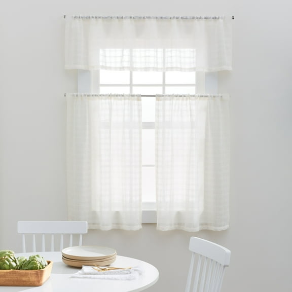 Better Homes & Gardens Tonal Windowpane 3 Piece Curtain and Valance Tier Set, Vanilla Dream, 60"W x 36"L