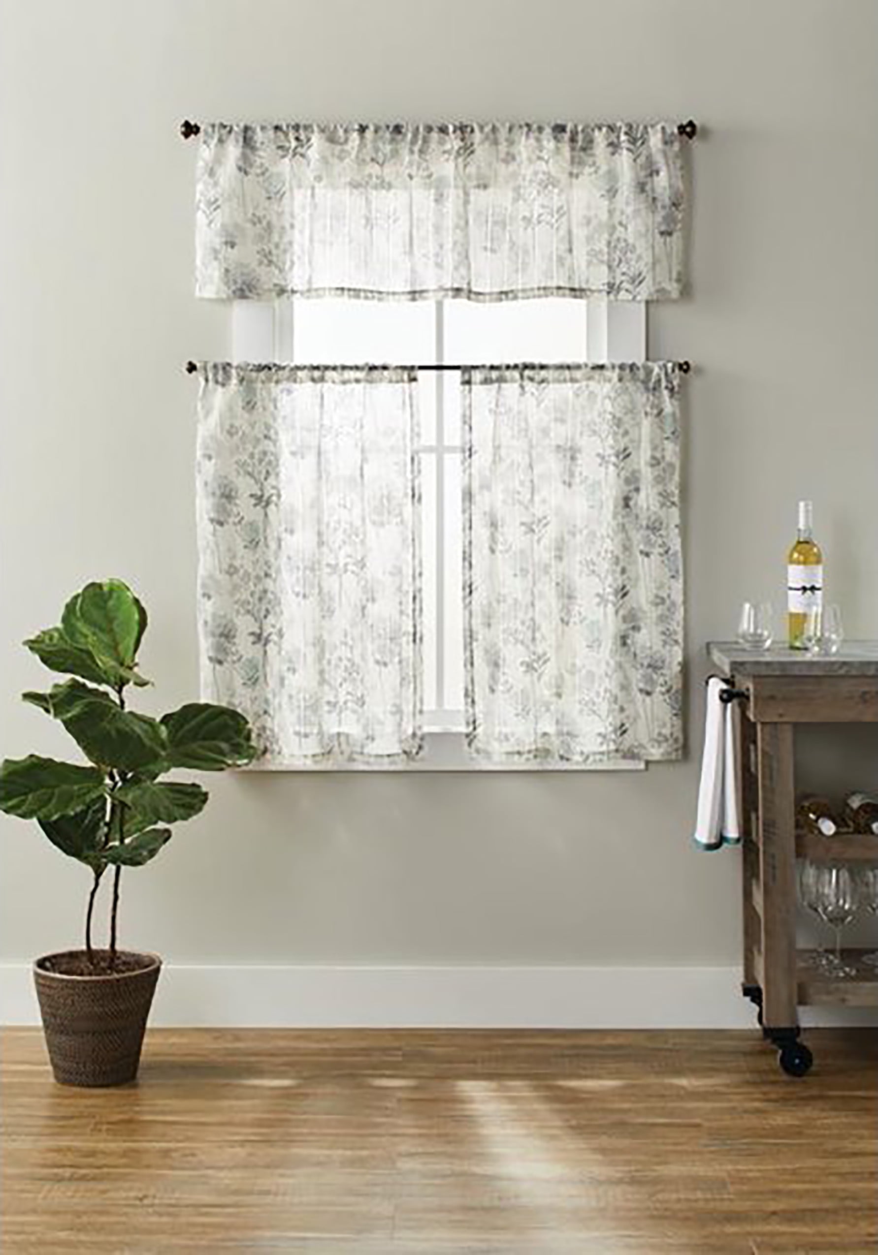 Better Homes & Gardens Tranquil Floral Light Filtering Rod Pocket Kitchen Curtain Tier and Valance Set, 3-Piece, Gray, 56 x 36