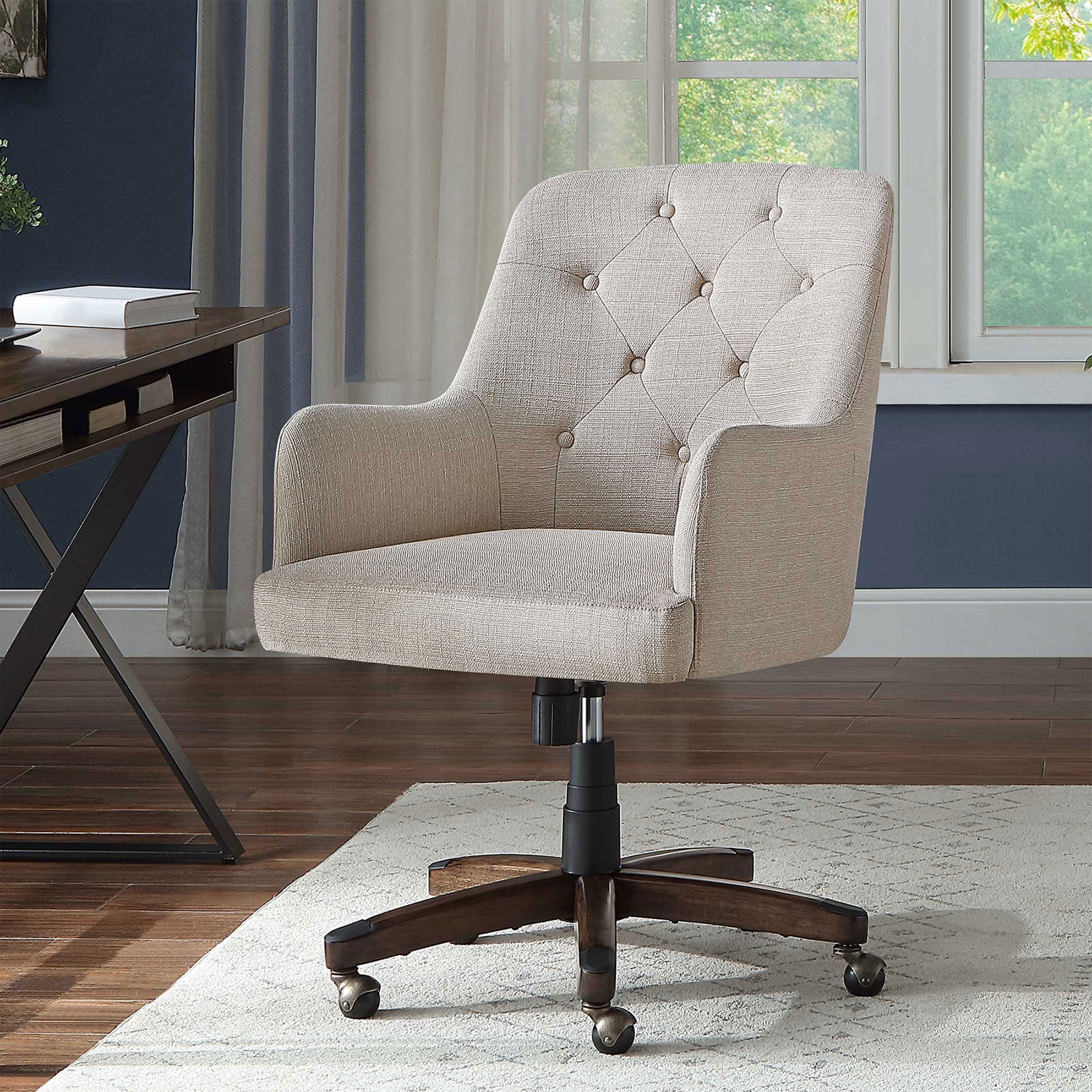 Tufted Office Chair with Natural Fabric Upholstery and Espresso Wood Base
