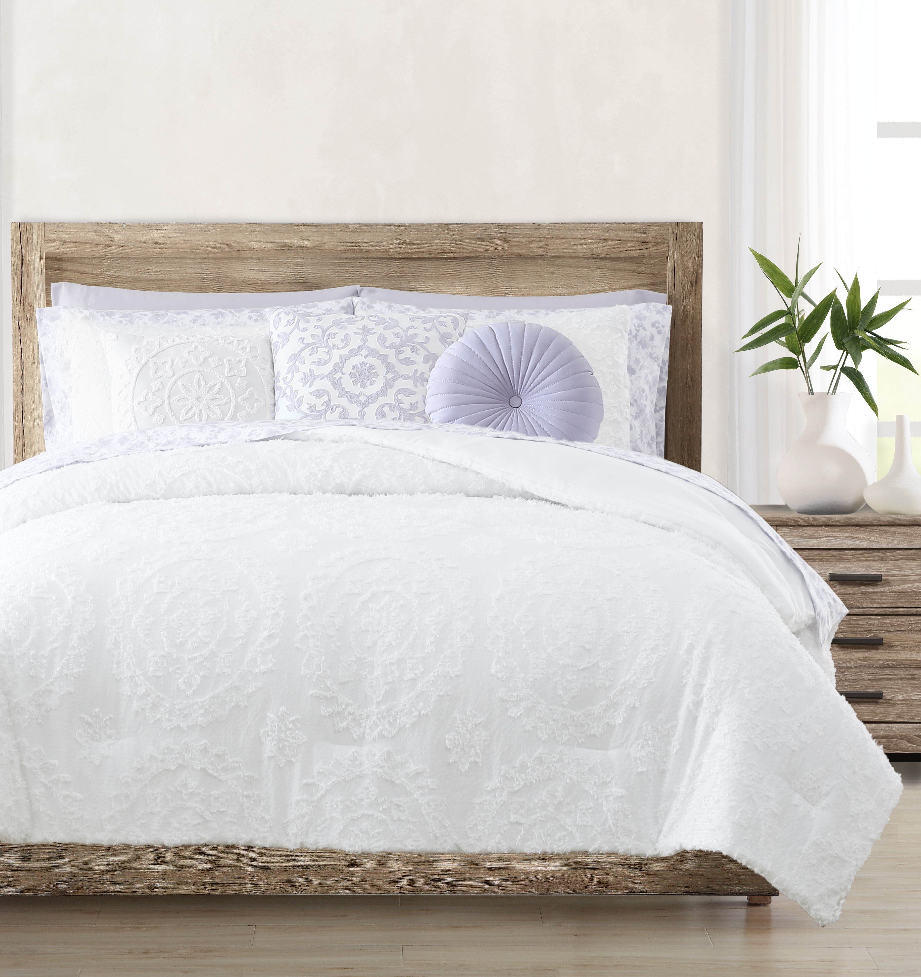 Better Homes & Gardens, Tufted Queen Comforter Set, White/Purple, Queen, 12 Piece Bed-in-a-Bag