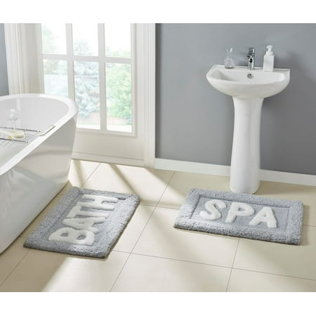 Better Homes & Gardens Tufted Typography Microfiber Bath & Spa Rug Set, Gray, 2 Pieces