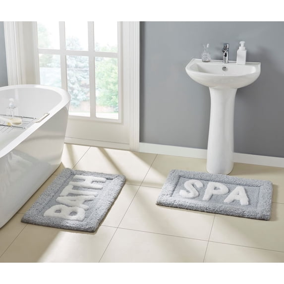 Better Homes & Gardens Tufted Typography Microfiber Bath & Spa Rug Set, Gray, 2 Pieces