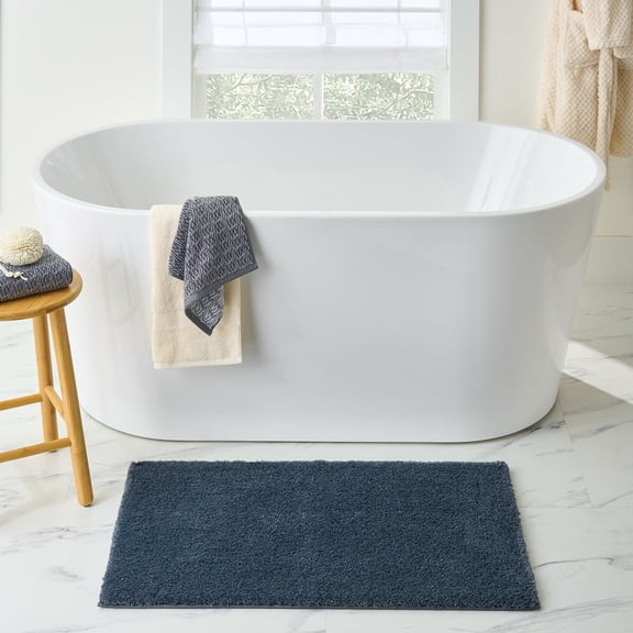 Better Homes & Gardens Ultra Soft Polyester Bath Rug, Plush Absorbent Bathroom Floor Mat with Skid-Resistant Backing, Machine Washable, 20" x 34", Blue Admiral