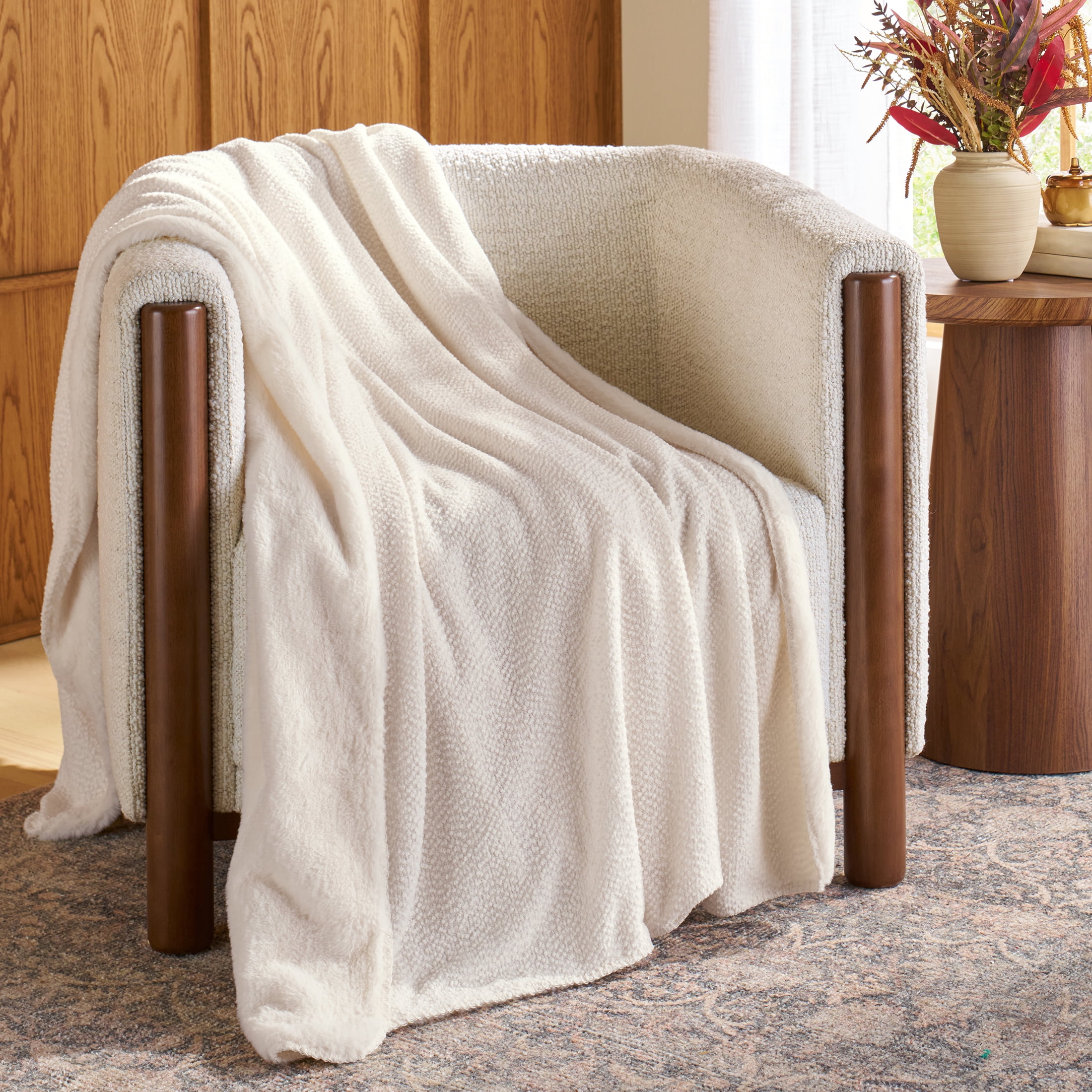 Better Homes & Gardens Vanilla Dream Boucle Reverse to Faux Fur Oversized Throw Blanket, 50 in x 72 in