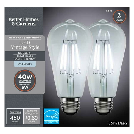 Better Homes & Gardens Vintage LED Light Bulb, ST19 40 Watts Eqv, Daylight, Dimmable, E26 - 2 Pk