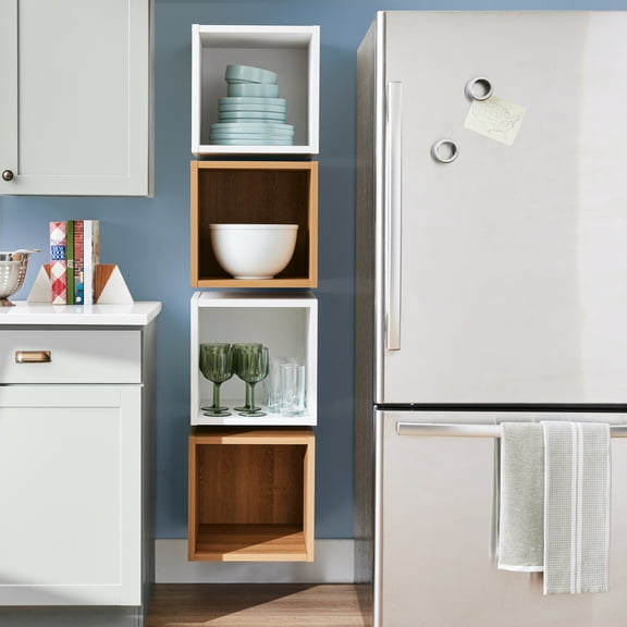 Better Homes & Gardens Wall Mounted Cube Shelves, Set of 4, Light Honey and White Textured Finish