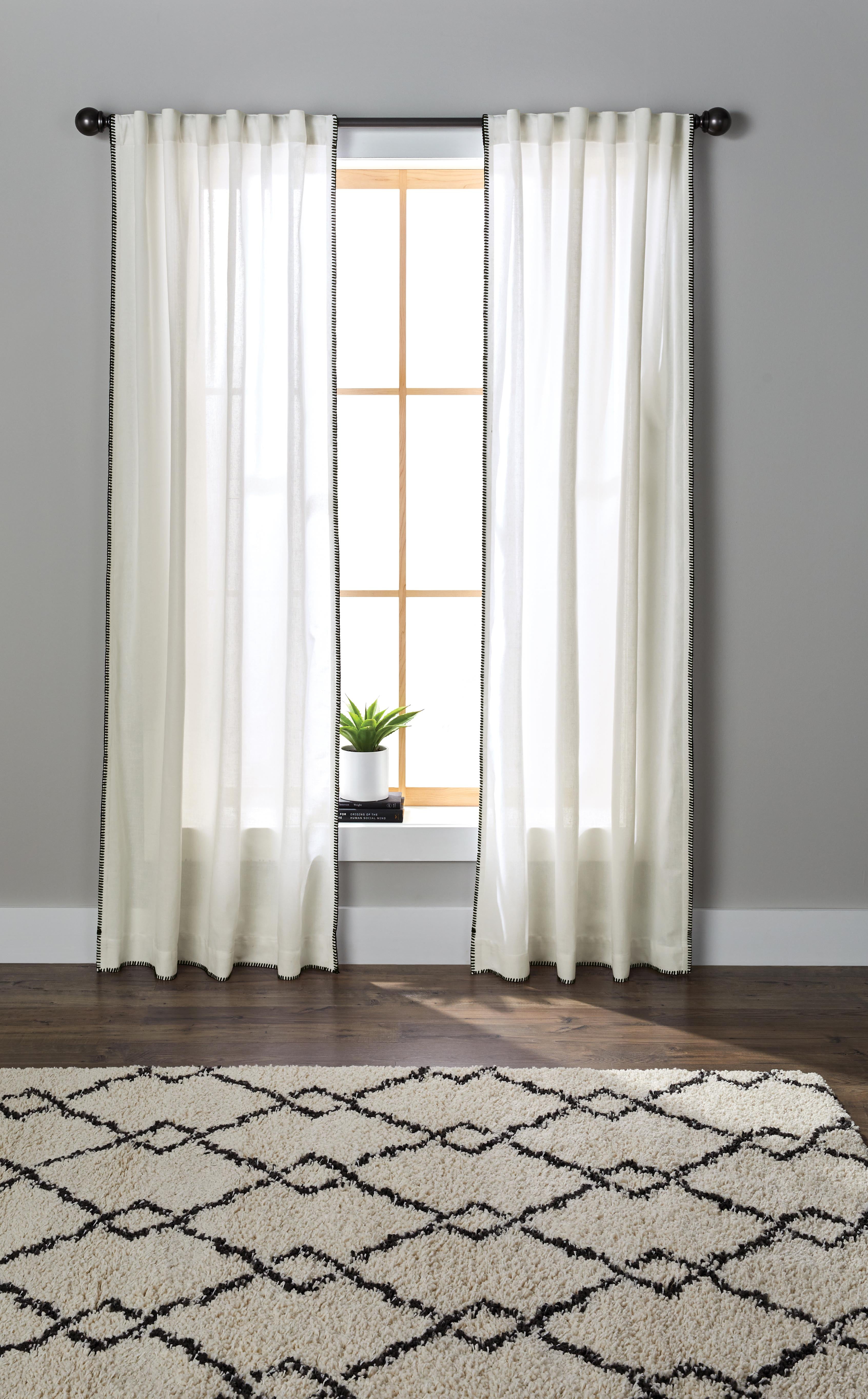 Better Homes & Gardens Whipstitch Light Filtering Rod Pocket Single Curtain Panel, Ivory with Black Stitching