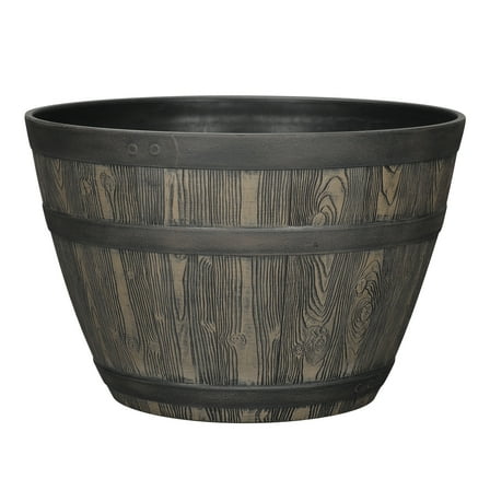 Better Homes & Gardens Whiskey Barrel Brown Resin Planter, 15.8in x 15.8in x 10.3in