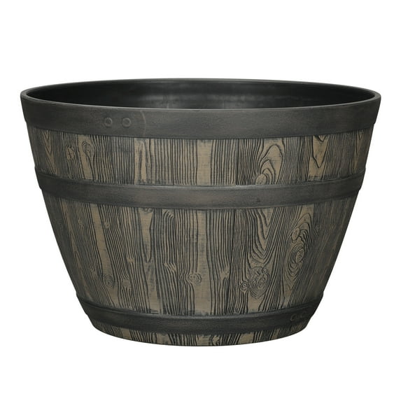 Better Homes & Gardens Whiskey Barrel Brown Resin Planter, 19.9in x 19.9in x 13in