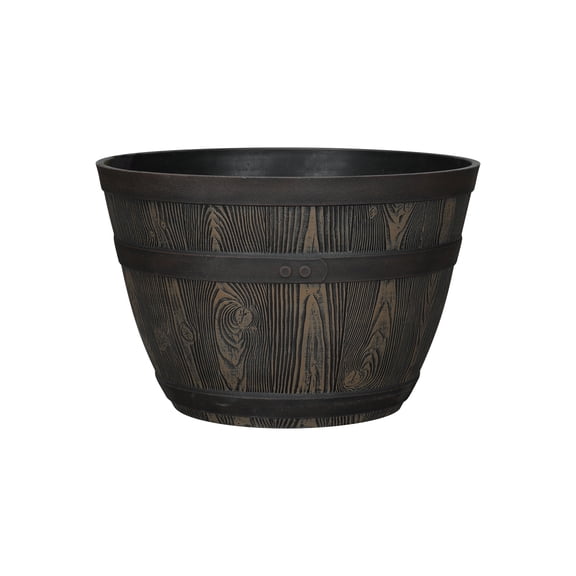 Better Homes & Gardens Whiskey Barrel Round Recycled Resin Planter, Brown, 19.9 in x 19.9 in x 13 in