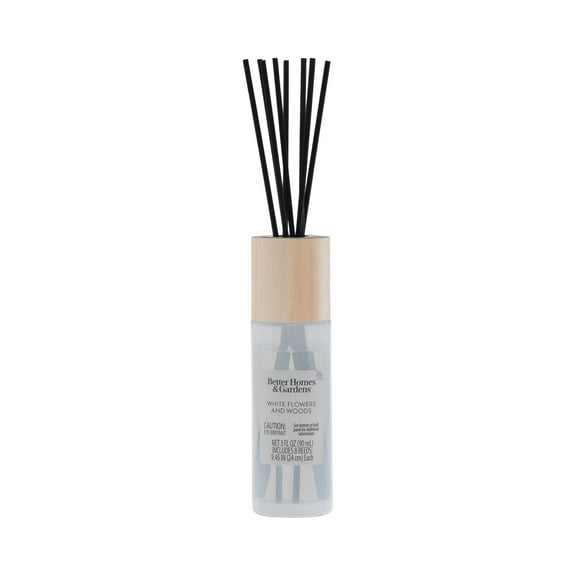 Better Homes and Gardens White Flowers and Woods Scented Reed Diffuser 3 Fl Oz (90mL) With 8 Synthetic Reeds.